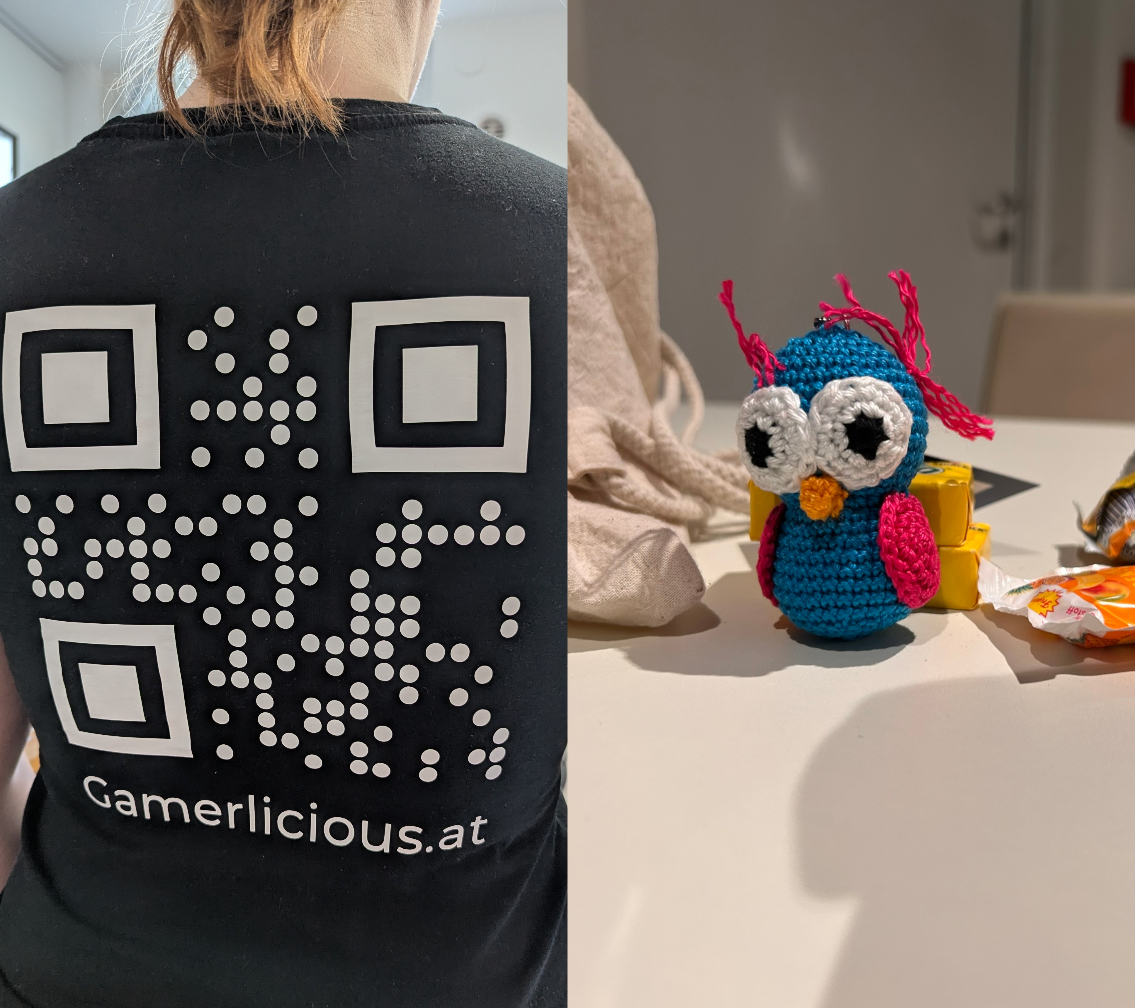 Association T-shirt with QR code and crocheted owl keychain